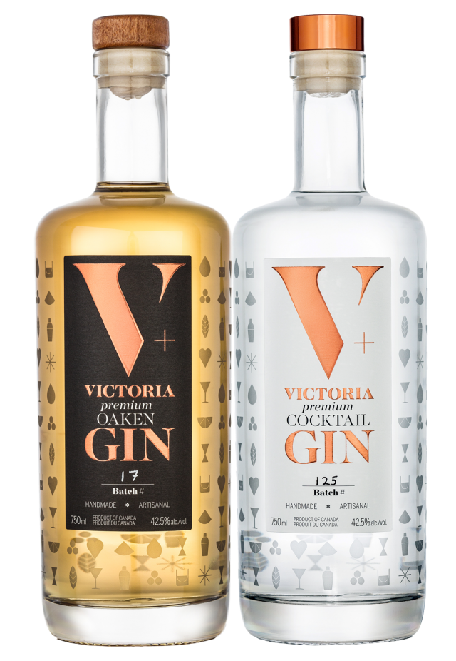 The Victoria Gin and Oaken Gin bottles allude to how the cocktail spirit is handmade.